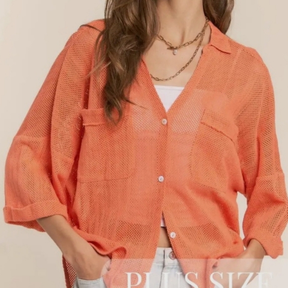 🏷️J.N.N.A. Coral Open Weave Mesh Button Front Blouse Short Sleeve Size 2X - Picture 2 of 11